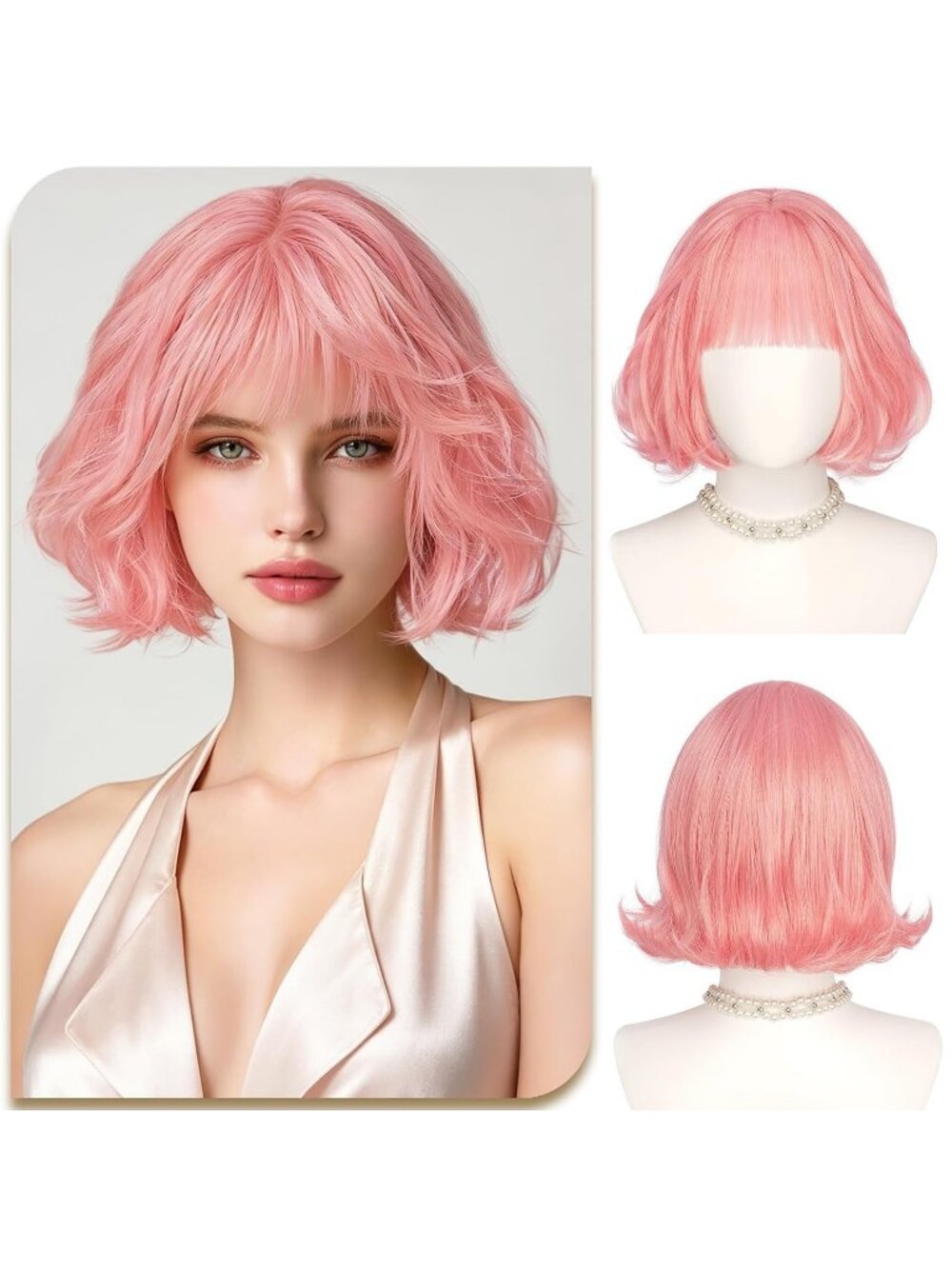 12 Inch Women's Blush Pink Layered Synthetic Bob Wig Natural Looking Bangs